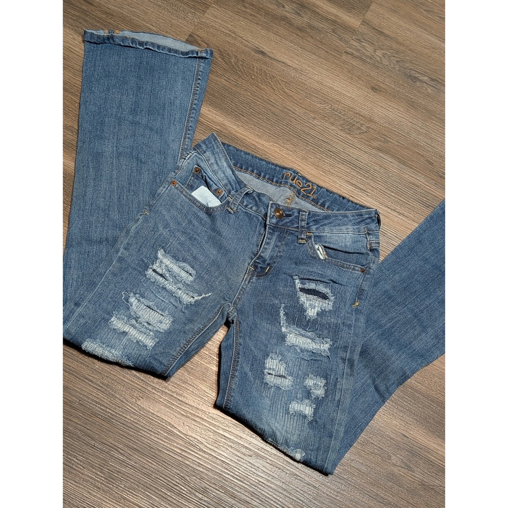 rue21 Womens Mid Rise Flare Jeans Blue Distressed Ripped Denim Size 0 RN70829